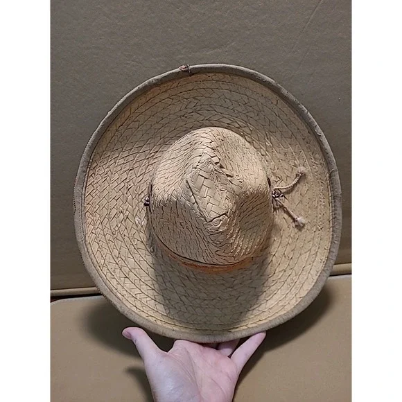 Vintage Straw Hat Woven With Design Embroidered Orange‎ Yellow Small 7" Opening - Picture 3 of 16